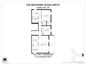 A floor plan for a 1,108 square feet unit at 760 Mohawk Road West, Hamilton, ON.