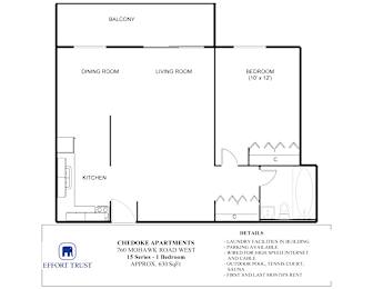 A floor plan of a 1 bedroom apartment for rent.