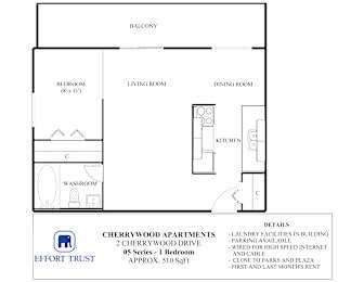 A floor plan for Cherrywood Apartments shows a bedroom, living room, dining room, kitchen, and bathroom.