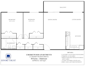 A floor plan for Cherrywood Apartments shows two bedrooms, a dining room, a living room, a kitchen, and a washroom.