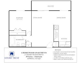 A floor plan for a 1 bedroom apartment at Cherrywood Apartments.