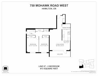 A floor plan for a home at 750 Mohawk Road West in Hamilton, ON, showing the layout of the bedrooms, living room, kitchen, dining room, and balcony.