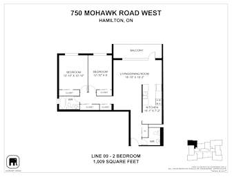 A floor plan for a home at 750 Mohawk Road West in Hamilton, ON, showing the layout of the bedrooms, living/dining room, kitchen, and balcony.