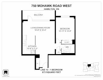 A floor plan for a home at 750 Mohawk Road West in Hamilton, ON, showing a living/dining room, kitchen, and two bedrooms.