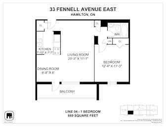 A floor plan for a one bedroom apartment at 33 Fennell Avenue East in Hamilton, Ontario.