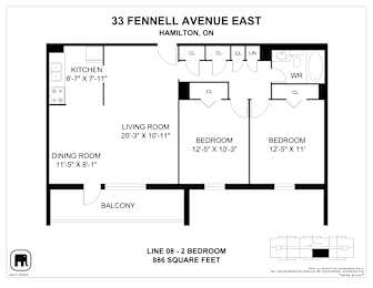 A floor plan for a two bedroom apartment at 33 Fennell Avenue East in Hamilton, Ontario.