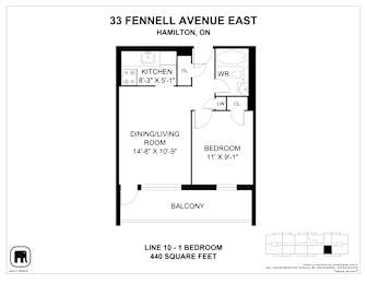 A floor plan for a one bedroom apartment at 33 Fennell Avenue East in Hamilton, Ontario.