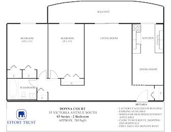 A floor plan for a property at Donna Court, 55 Victoria Avenue South, shows two bedrooms, a living room, a kitchen, a dining room, and a washroom.