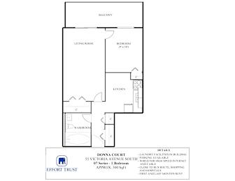 A floor plan for a Donna Court apartment shows a living room, a bedroom, a kitchen, a washroom and a balcony.