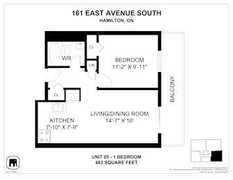 A floor plan for a unit at 161 East Avenue South in Hamilton, ON, showing a bedroom, living/dining room, and kitchen.
