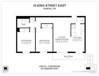 A floor plan for a property at 30 King Street East shows two bedrooms, a living/dining area, a kitchen, and a balcony.