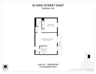 A floor plan for a one bedroom apartment at 30 King Street East in Dundas, Ontario.