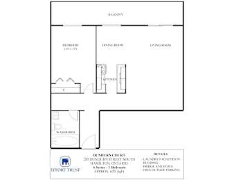 A floor plan of a building with a balcony, bedroom, dining room, living room, kitchen, washroom, and a courtyard.
