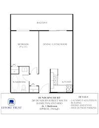 A floor plan of a 1 Bedroom apartment in the Dundurn Court building.