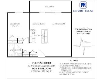 A floor plan for a rental property at Evelyn Court shows a bedroom, a dining room, a living room, a kitchen, and a washroom.