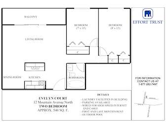 A floor plan for a two bedroom apartment with a living room, dining room, kitchen, and two bathrooms.
