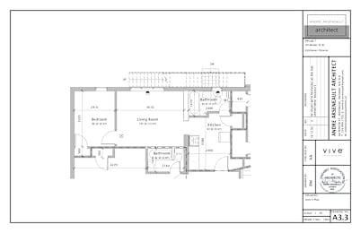 A floor plan for an architect's office shows a living room, dining room, kitchen, and bathroom.