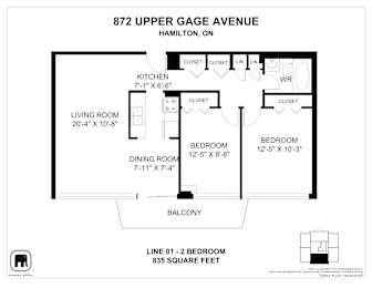 A floor plan for a two bedroom apartment at 872 Upper Gage Avenue, Hamilton, ON.