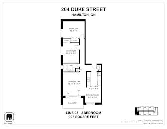 A floor plan for a 907 square feet condo at 264 Duke Street, Hamilton, ON.