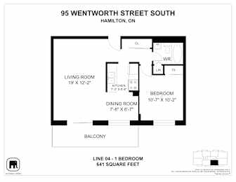 A floor plan for a property at 95 Wentworth Street South, Hamilton, ON, showing a living room, dining room, kitchen, and bedroom with their respective dimensions.