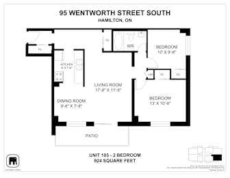 A floor plan for a 924 square feet apartment at 95 Wentworth Street South, Hamilton, On.