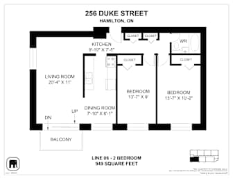 A floor plan for a 2 bedroom apartment at 256 Duke Street, Hamilton, ON.