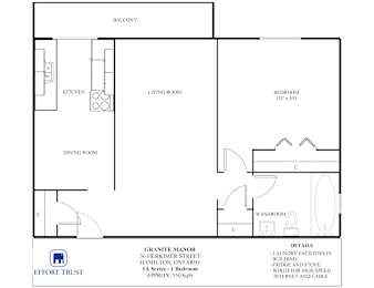 A floor plan of a one bedroom apartment with a kitchen and living room.