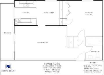 A floor plan of a one bedroom apartment with a living room, dining room, kitchen and balcony.