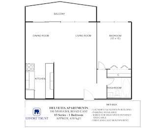 A floor plan for the Helvetia Apartments shows a bedroom, a living room, a dining room, a kitchen, a balcony, and a laundry facility.