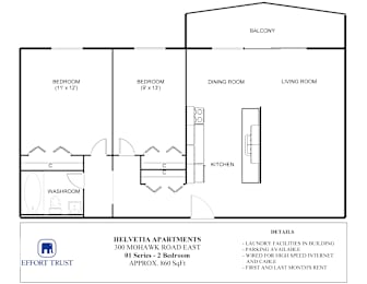 A floor plan for a 2 bedroom apartment with details on the side.