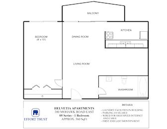 A floor plan for a 05 series apartment in the Helvetia Apartments.
