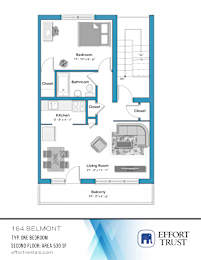 A floor plan for a 164 Belmont apartment, featuring one bedroom, two bathrooms, and a living room.