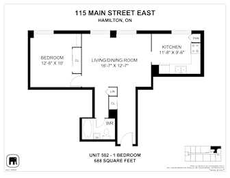 A floor plan for a unit at 115 Main Street East in Hamilton, Ontario, showing a bedroom, living/dining room, kitchen, and laundry room.