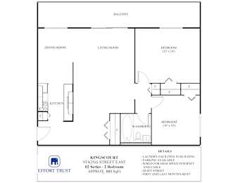 A floor plan for a 02 series apartment at Kingscourt on King Street East.