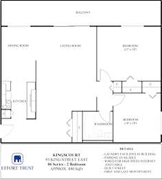 A floor plan for a 2 bedroom apartment at Kingscourt 93 King Street East.