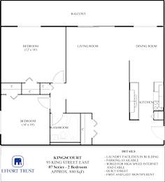 A floor plan for a 2 bedroom apartment at Kingscourt on King Street East.