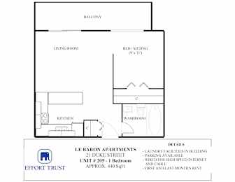 A floor plan for a 1 bedroom apartment at Le Baron.