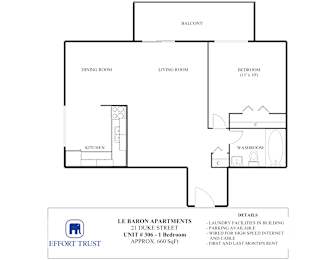 A floor plan for a 1 bedroom apartment at Le Baron.