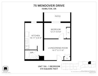 A floor plan for a 1 bedroom unit at 75 Wendover Drive, Hamilton, ON.