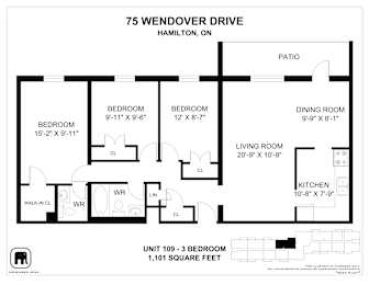 A floor plan for a 1,101 square foot apartment at 75 Wendover Drive, Hamilton, ON.