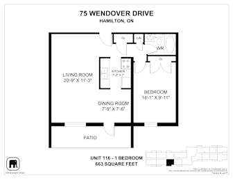A floor plan for a unit at 75 Wendover Drive in Hamilton, ON.