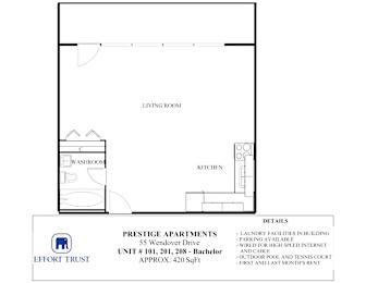A floor plan for a living room, kitchen, and washroom.