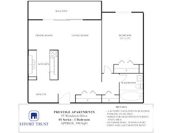A floor plan of a one bedroom apartment in the Prestige Apartments building.