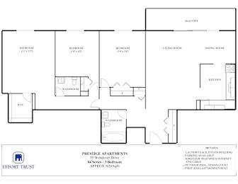 A floor plan for a Prestige Apartments building shows three bedrooms and a living area.