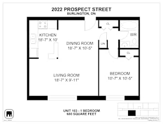 A floor plan for a 680 square foot unit at 2022 Prospect Street in Burlington, ON.