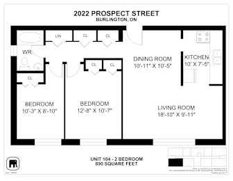 A floor plan for a Burlington apartment in 2022 shows a living room, two bedrooms, a dining room, and a kitchen.