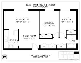 A black and white image of a floor plan for a 2022 Prospect Street Burlington, ON unit.