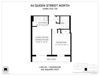 A black and white image of a floor plan for a one bedroom apartment.