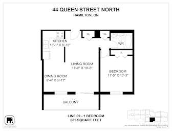 A floor plan for a 605 square foot apartment at 44 Queen Street North in Hamilton, ON.