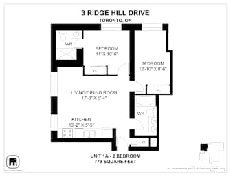 A floor plan for a 2 bedroom apartment at 3 Ridge Hill Drive in Toronto.